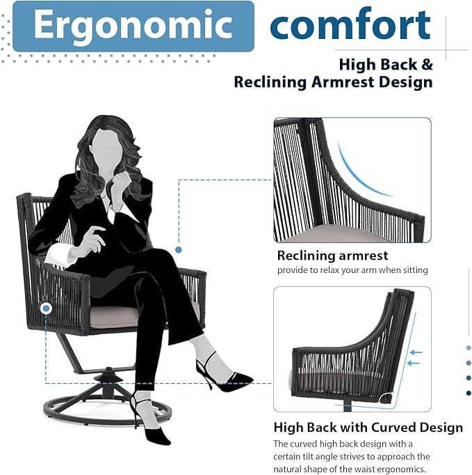 JOIVI Outdoor Swivel Patio Chair Set of 2, Rattan Dining Chairs with Armrest and Cushions, Outdoor Swivel Chair with Iron Frame for Garden, Lawn, Porch, Balcony