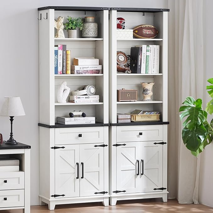 72in Tall Bookshelf 7 Tier Bookcase with Drawer and Barn Doors and Adjustable Shelves, White Farmhouse Book Shelf with Storage Cabinet, Wood Freestanding Display Bookshelves for Kitchen (2PCS)