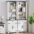 72in Tall Bookshelf 7 Tier Bookcase with Drawer and Barn Doors and Adjustable Shelves, White Farmhouse Book Shelf with Storage Cabinet, Wood Freestanding Display Bookshelves for Kitchen (2PCS)