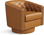 Swivel Barrel Accent Chair,Round Nailhead Faux Leather Living Room Arm Chairs,Modern Upholstered Comfty Reading Nook Chairs for Bedroom,Small Club Armchair,Single Sofa Side Chair,Caramel Brown