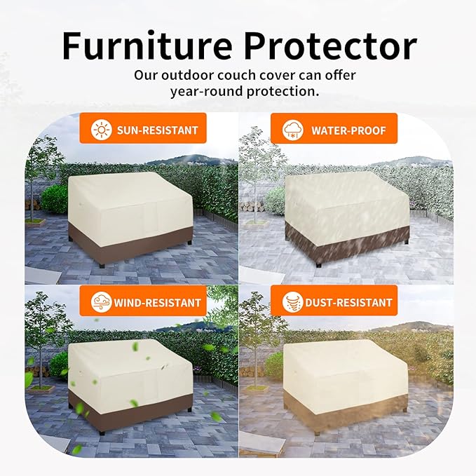 Easy-Going Waterproof Outdoor Sofa Cover, Heavy Duty 2 Seater Outdoor Loveseat, Windproof Patio Furniture with Air Vent (60Wx35Dx35H inch, Beige/Dark Brown)