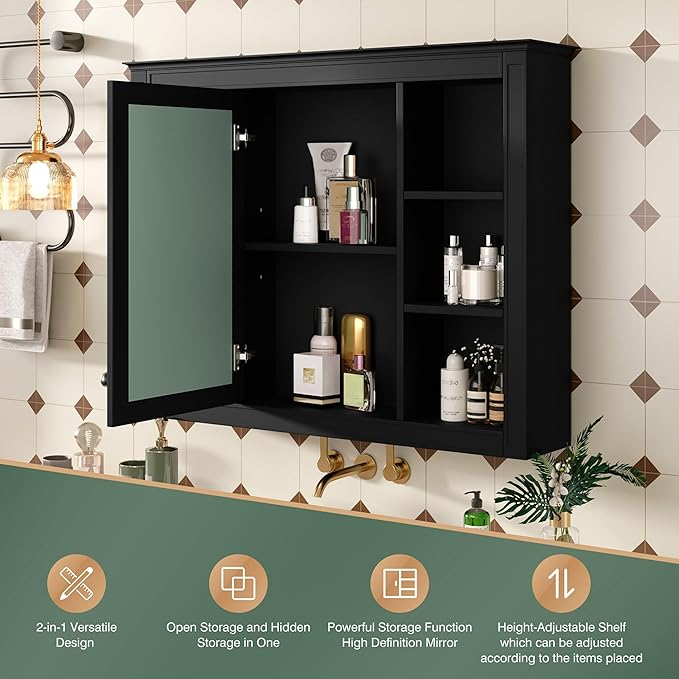 Bathroom Wall Cabinet with Mirror, 35'' x 27.5'' Medicine Cabinet with Mirror Door and Adjustable Shelves, Over Toilet Storage Cabinet, Wall-Mounted Bathroom Mirrors for Over Sink with Storage