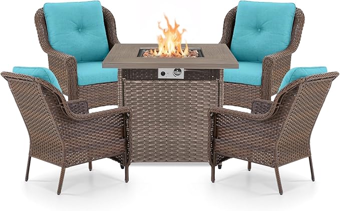 Outdoor Patio Chairs with Fire Pit Table 5 Piece Set - High Back Brown Wicker Rattan Lawn Chair with Thick Cushion for Porch Apartment Deck Yard Poolside Garden - Turqoise