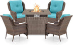 Outdoor Patio Chairs with Fire Pit Table 5 Piece Set - High Back Brown Wicker Rattan Lawn Chair with Thick Cushion for Porch Apartment Deck Yard Poolside Garden - Turqoise