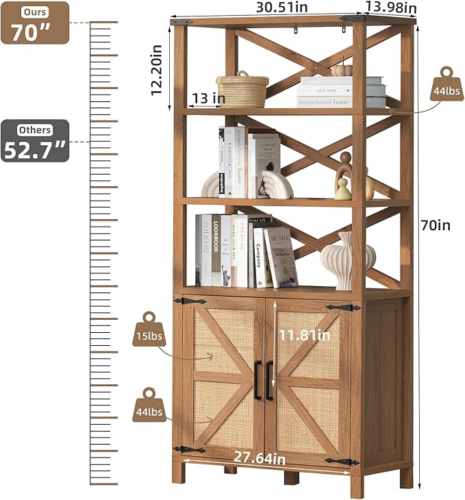 5 Tier Bookshelf 70" Rattan Boho Tall Bookcase with Barn Doors,Large Farmhouse Display Book Shelf with Adjustable Shelves and Storage Cabinet，Wood Bookshelves for Living Room,Kitchen,Natural