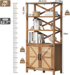 5 Tier Bookshelf 70" Rattan Boho Tall Bookcase with Barn Doors,Farmhouse Display Book Shelf with Adjustable Shelves and Storage Cabinet,Wood Bookshelves for Living Room,Kitchen,Natural (3PCS)