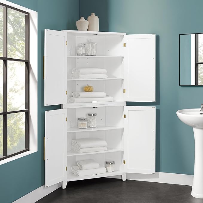 Crosley Furniture Roarke Corner Kitchen Storage Pantry Cabinet with Shelves, Kitchen, Dining, Laundry Room, White