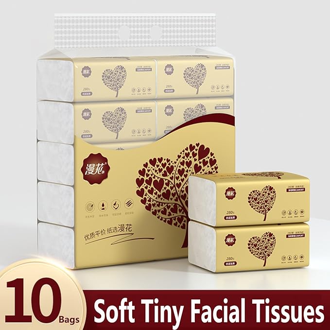 10 Packs Soft Small Facial Tissue, Disposable Facial Napkin, Wood Pulp Fiber Material NOT COTTON, Facial Towel, White Facial Paper Tissue, 4-Ply, 10 Pack, 280 Sheets per Pack, 2800 Sheet In Total