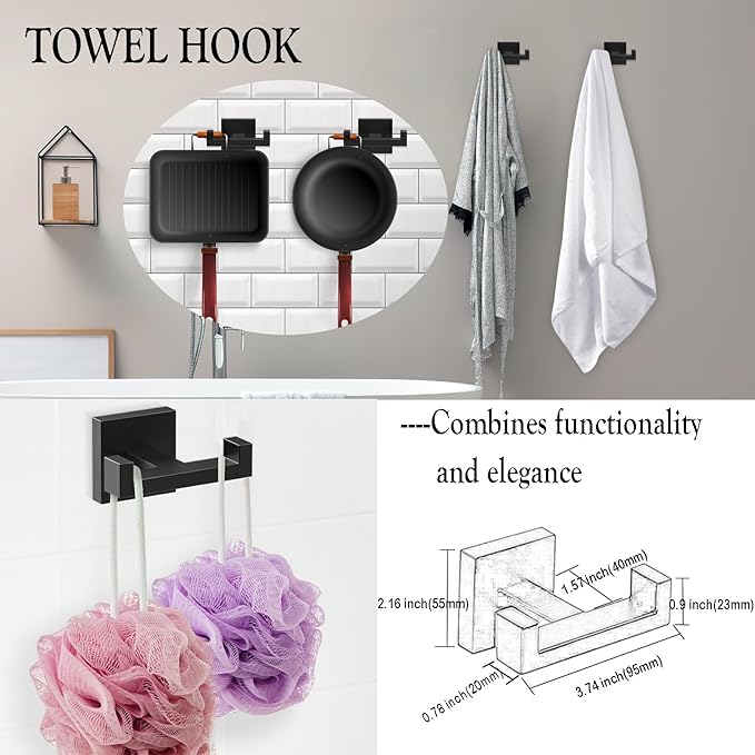 BOZWELL 4 Pieces Matte Black Bathroom Hardware Accessories Set Square Towel Racks for Bathroom 23.6 inch Stainless Steel Towel Bar Set Wall Mounted