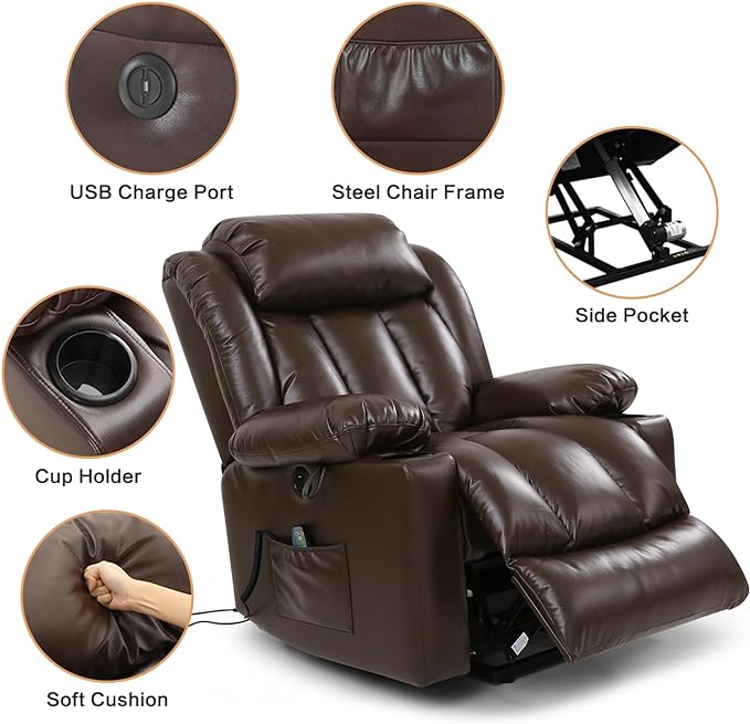 PARKOL Power Lift Recliner Chair for Elderly Breathable Leather Recliner Chair with Massage and Heat for People Limited Mobility (Brown, Small)