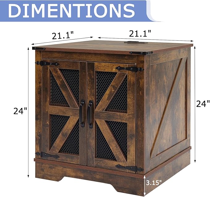 White Farmhouse End Table with Charging Station, 24" Wood Sofa Side Table with Mesh Barn Door, Nightstand with Adjustable Storage Shelf for Living Room, Square