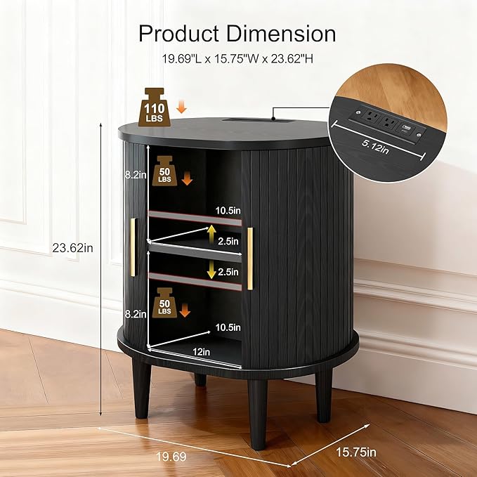 Nightstand with Charging Station, Fluted Accent Side Table with Sliding Door & Adjustable Shelf, Mid-Century Modern End Table for Small Space, Living Room, Bedroom(1, Black)