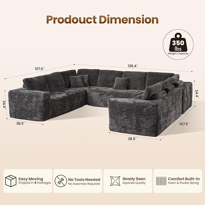 Cloud Sectional Couch with Loveseat, Boneless U-Shaped Cloud Couch with Deep Seat, Soft Plush Modern Minimalist Sofa, Assembly Free Modular Floor Sofa for Office Living Room Apartment, Grey