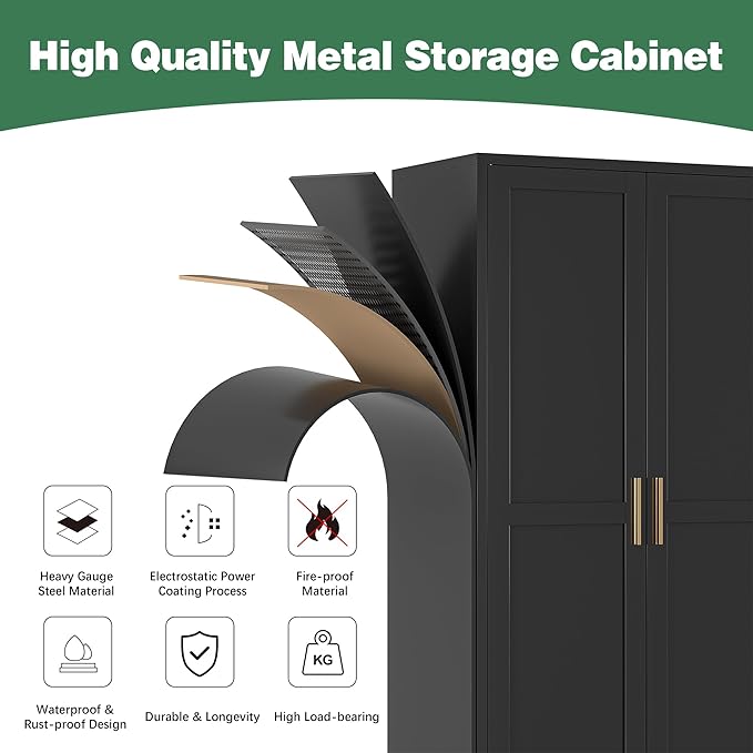 Bathroom Storage Cabinet Freestanding, 61" Tall Metal Cabinets with Doors and Shelves, Black Kitchen Pantry Cabinet, Utility Metal Locker Storage Cabinet for Garage, Home Office
