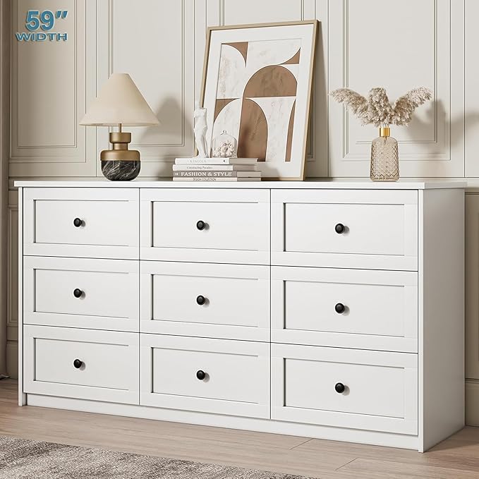 Dresser for Bedroom, 59.1" Wide White Dressers, Large Dressers & Chests of Drawers with Large Capacity for Bedroom, Hallway, Entryway, Closet