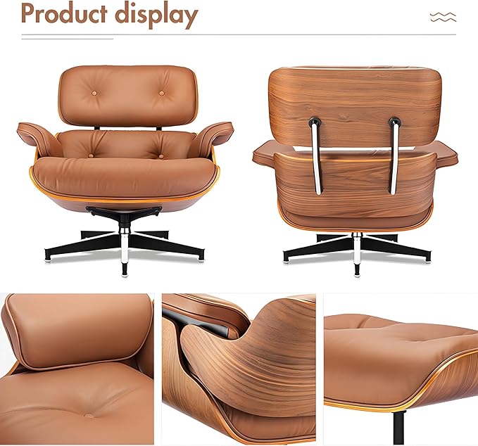 Top Grain Leather, Mid Century Chaise Lounge Chair and Ottoman, Modern Chair Classic Design, Heavy Duty Base Support for Living Room Study Lounge Office, Walnut-Brown, Heightening