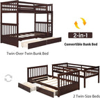 Merax Wood Bunk Bed with Drawers,Convertible Wood Bunk Bed with Ladders and Two Storage Drawers,Solid Wood Detachable Bed Frame with Ladders,Twin Over Twin Size,Espresso