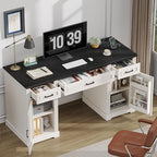 ONBRILL 59 inch Farmhouse Executive Desk with Drawers, Home Office Desk with File Cabinet, Outlets, Storage Cabinet, Keyboard Tray, Wood Computer Desk for Work Study Writing (Off White & Black)
