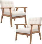 Westice Accent Chair Set of 2, Mid-Century Modern Living Room Chairs with Solid Wood Frame & Soft Thicken Cushion, Upholstered Arm Reading Chair for Bedroom, Balcony, Beige Linen Fabric & Natural Legs