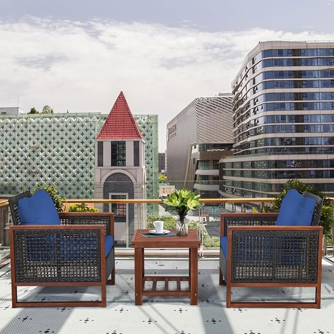 COSTWAY 3 Pieces Wicker Patio Furniture Set, Outdoor Wicker Sofa with Acacia Wood Frame, Coffee Table & Washable Cushions, Rattan Conversation Sets for Yard, Porch Bistro Balcony, Backyard, Navy Blue