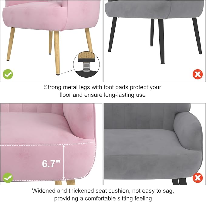 Velvet Accent Chair, Upholstered Modern Leisure Single Sofa Side Chair, Comfy Tufted Back Armchair with Metal Legs for Living Room/Bedroom/Office/Reading Room, Pink