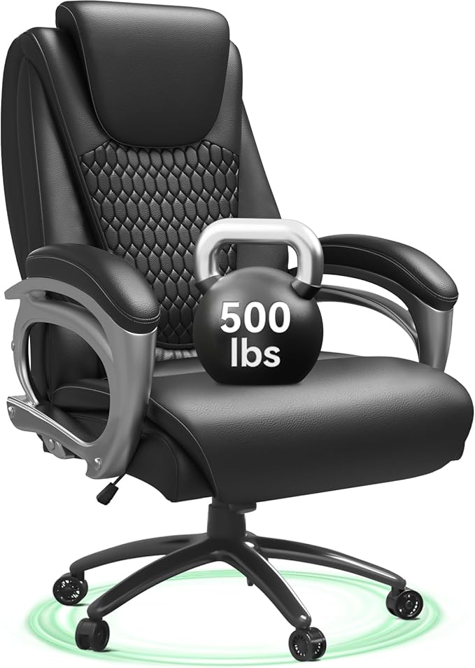 Vogue Furniture Direct Big and Tall Office Chair 500lbs, Heavy Duty High Back PU Leather Desk Chair, Adjustable Height Rolling Wheels Computer Chair for Home Office Work (Black)