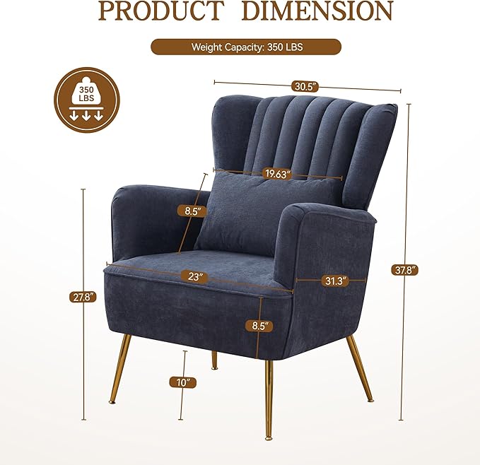 Fabric Accent Living Room Arm Chair Set of 2 Mid Century Modern Chairs with Pillow & Golden Legs, 8.5" Thick Cushion, Upholstered Comfy Sofa Armchair for Reading Room/Bedroom, Navy