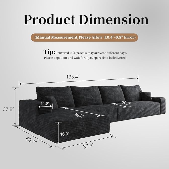 135.4'' Oversized Cloud Sofa Sectional Couch, Boneless Couch with L-Shape Chaise, Upholstered Compression Modular Sectional Sofa for Living Room, No Assembly Required (Black, Left Facing Chaise)