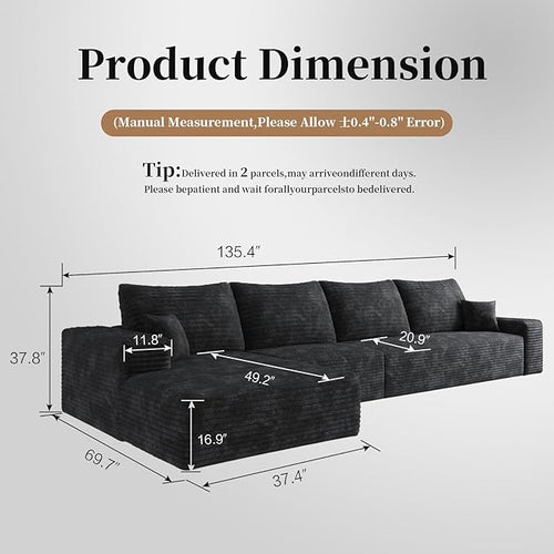 135.4'' Oversized Cloud Sofa Sectional Couch, Boneless Couch with L-Shape Chaise, Upholstered Compression Modular Sectional Sofa for Living Room, No Assembly Required (Black, Left Facing Chaise)
