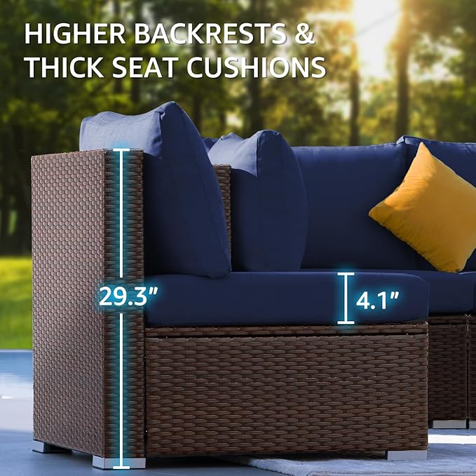 NICESOUL 8 Person Modern Deck Furniture Set, 29.3'' High Back Comfy Outdoor Sectional Sofa Set, Extra Large Wicker Patio Conversation Seating Sets for Terrace, Brown Rattan and Navy Blue Cushion
