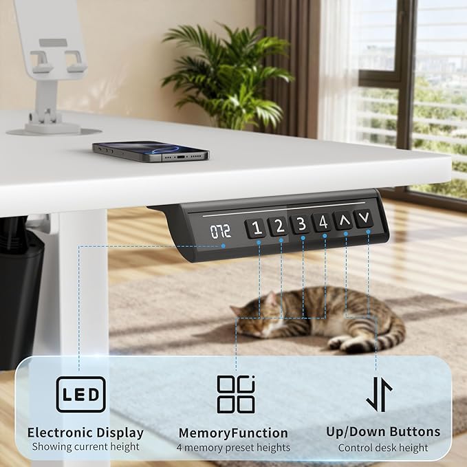 Shahoo 55 Inch Standing Desk, Electric Height Adjustable Computer Desks with Hook and Cable Hole, White