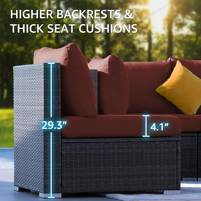 NICESOUL 13 Piece Wicker Patio Set with Chaise Lounge, XL Size 10-Seaters Outdoor Sectional Furniture with Long Firepit Suitable for Natural Gas/Propane, All Weather Heavy Duty Outside Sofas, Grey&Red