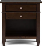 SIMPLIHOME Carlton Bedside Table - 24 inch Wide Solid Wood Nightstand Table in Dark Tobacco Brown, Transitional Bedroom Side or End Table with 2 Drawers, Open Storage Shelf and Bronze Hardware