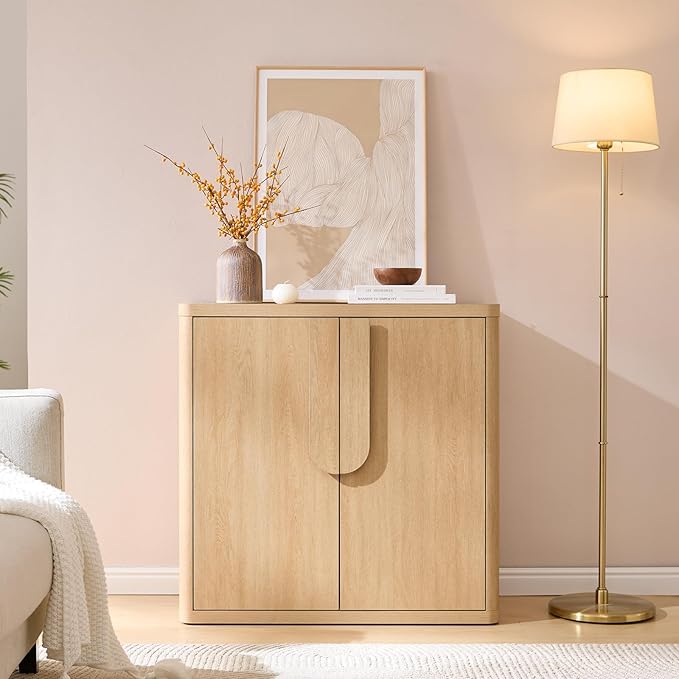 34.5'' Sideboard Buffet Cabinet W/Storage, Modern Accent Cabinets W/Curved Handles & Adjustable Shelves, 2 Doors Coffee Bar Buffet Table Credenza for Living Room Kitchen Hallway, Natural