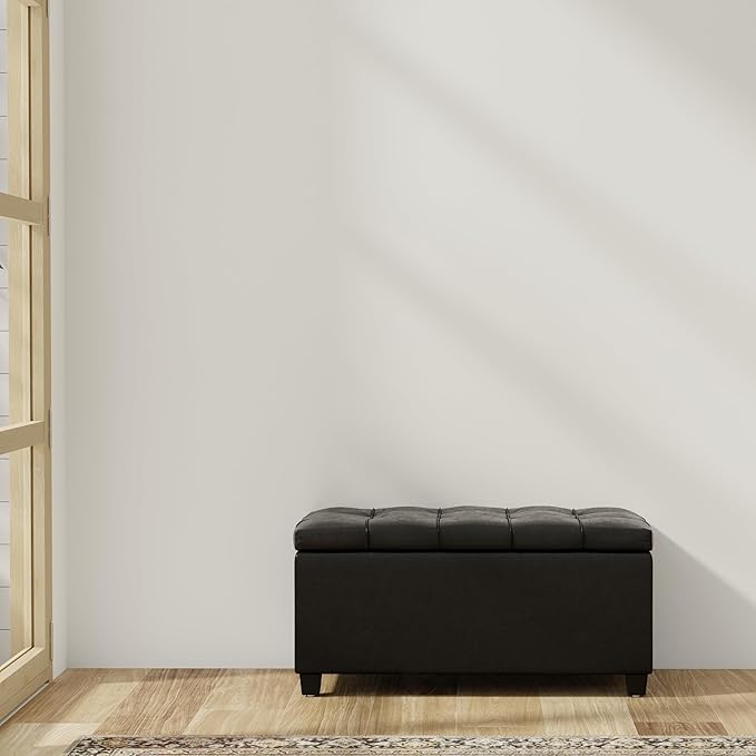 SIMPLIHOME Sienna 33 inch Wide Transitional Rectangle Storage Ottoman Bench in Distressed Black Vegan Faux Leather, Assembled, for The Living Room, Entryway and Family Room