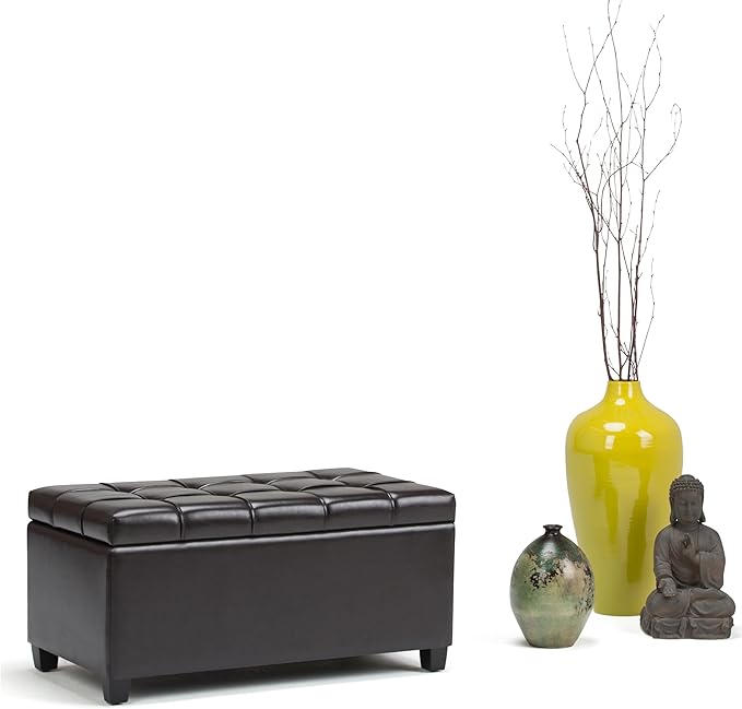 SIMPLIHOME Sienna 33 inch Wide Transitional Rectangle Storage Ottoman Bench in Tanners Brown Vegan Faux Leather, Assembled, For the Living Room, Entryway and Family Room