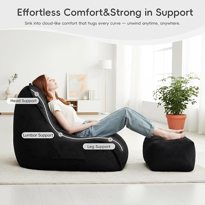 Cloud Bean Bag Chair with Ottoman for Adults, Comfy Corduroy Chaise Lounge Chair with High-Resilience Foam, Oversized Boneless Reading Chair for Bedroom & Living Room Black
