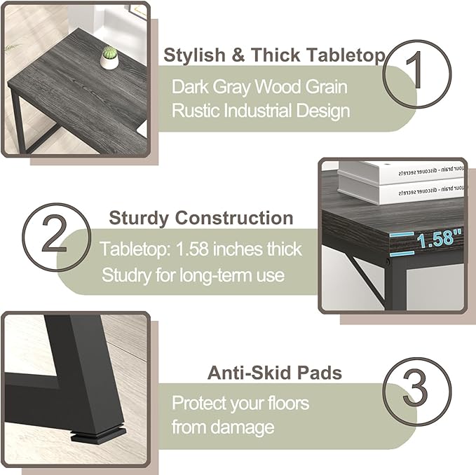 FOLUBAN Home Office Desk, Industrial Vintage Computer Desks, Rustic Wood and Metal Study Writing Table, Simple Work Gaming PC Desk for Bedroom Living Room, Dark Gray 47 Inch