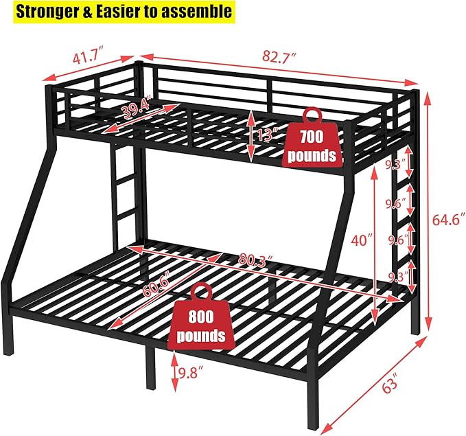 Higher Quality & Stronger Heavy Duty Industrial Style Metal Twin XL Over Queen Bunk Bed, Thickened More Stable Black Steel Bunkbed Bunk Queen Bed (Easier to Assemble) (Twin XL Over Queen)