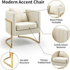 Velvet Accent Chairs Set of 2, Mid Century Modern Upholstered Barrel Armchair with Pillow for Living Room, Comfy Single Club Chair with Metal Gold Legs for Bedroom, White