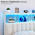 VINGLI Twin or Twin XL Size Headboard, Adjustable Upholstered Headboard with 2 Tier Shelves and Pegboard with Charging Stations and LED Lights, Modern Bed Headboard with Storage for Bedroom Decor