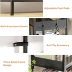 KOUSEI 5-Tier Corner Bookshelf, Reversible L-Shaped Bookcase with 4 Hooks, 65" Industrial Wood & Metal Storage Shelf for Living Room, Home Office & Bedroom, Black