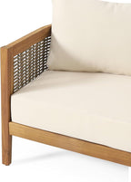 Christopher Knight Home Burchett Outdoor 3 Seater Sofa with Cushions - Acacia Wood and Round Wicker - Teak/Mixed Brown/Beige