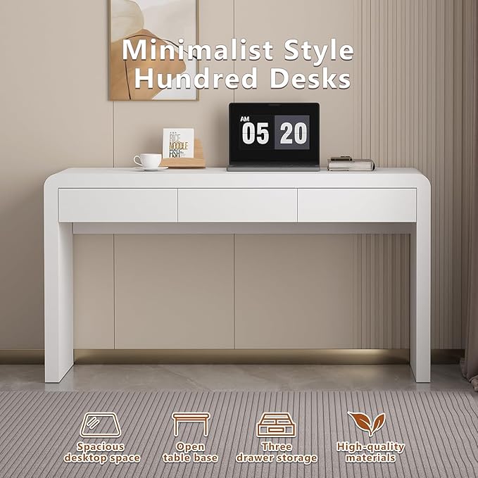 Executive Desk with Drawers, White Computer Desk with Drawers with Three-Layer Lacquered Thick Wooden Board, 55 inch Modern Home Office Desk for Study, Living Room, Bedroom