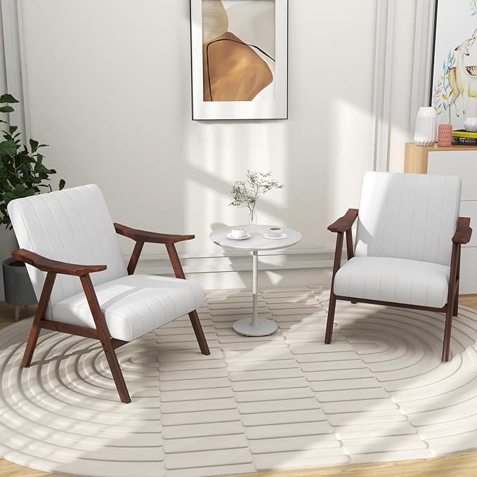 Giantex Mid-Century Modern Accent Chair, Upholstered Comfy Living Room Chair with Arms, Anti-Slip Felt Pads, Wooden Frame Soft Padded Armchair for Living Room Bedroom Office Study, Beige