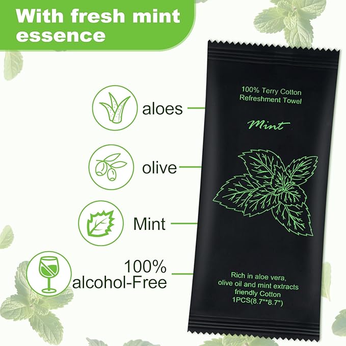 Moist Cotton Towel Bulk Moist Towelettes Individually Wrapped 8.7" x 8.7",White Towel Services,Refreshment Pre Moistened Towels for Travel Sport Party Spa Dentist (1 Count (Pack of 200), Mint)