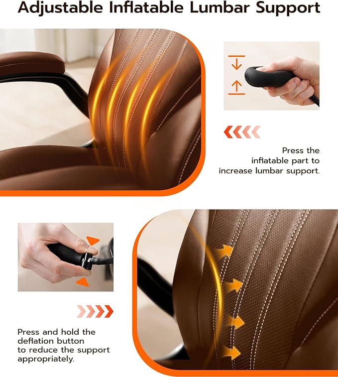 Office Desk Chair, Ergonomic Computer Chair with Padded Flip-Up Arms and Adjustable Lumbar Support, PU Leather Executive Chair with Tilt Lock and 360° Swivel Rolling Wheels for Work, Study