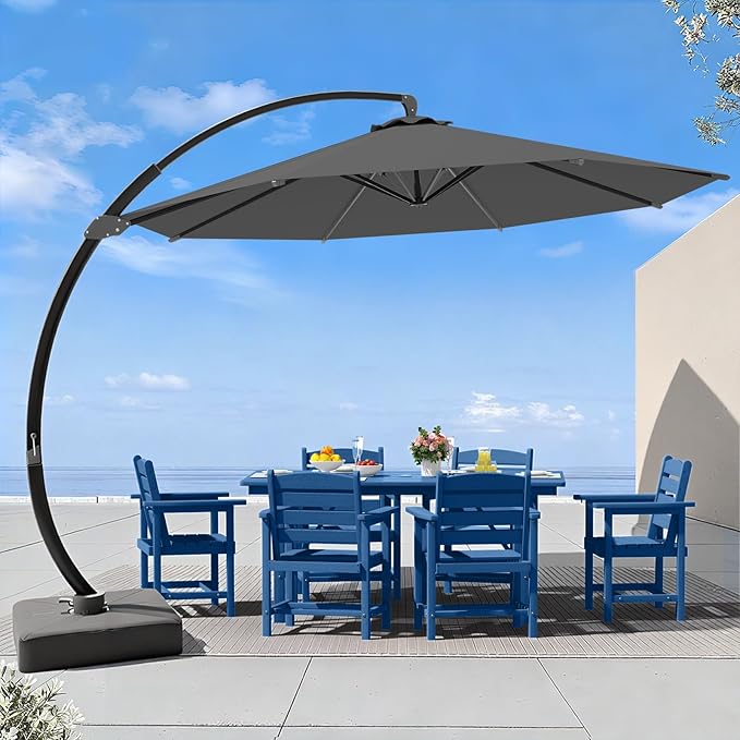 7 Piece Patio Dining Set with 11ft Patio Umbrella (Gray), 7 Navy Outdoor HDPE Dining Set with 6 Chairs + 1 Large Table with 2" Umbrella Hole, for Market, Pool, Garden, Backyard, Deck