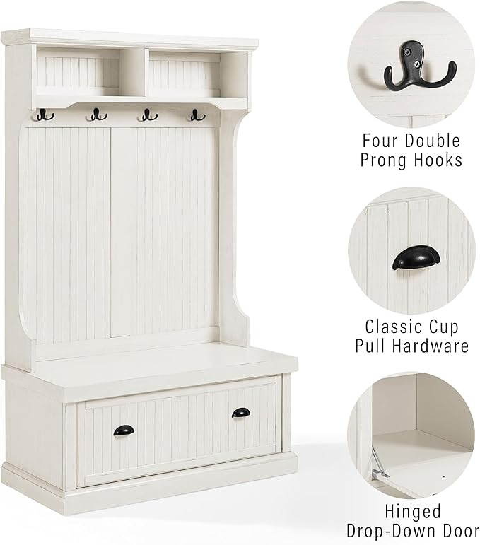 Crosley Furniture Seaside Hall Tree with Shoe Rack Bench and Coat Hooks for Hanging Storage, Distressed White