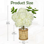 Hollyone White Hydrangea Artificial Flowers in Woven Glass Vase with Faux Water Silk Hydrangeas Fake Flowers Floral Arrangement for Home Indoor Bathroom Kitchen Office Table Centerpiece Shelf Decor
